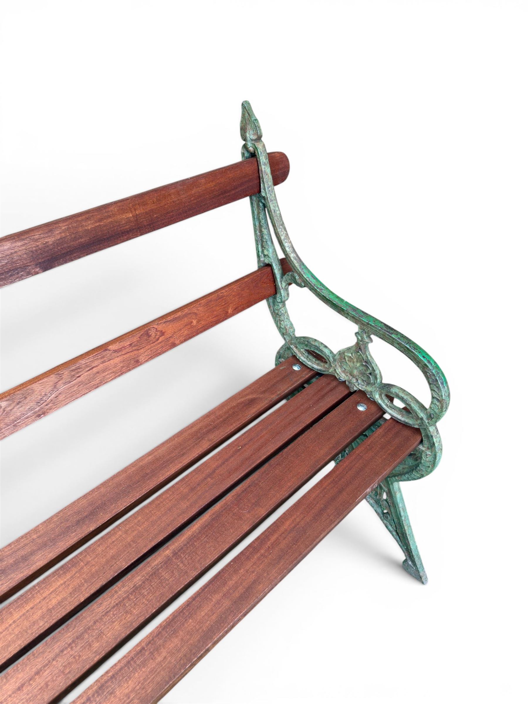 Coalbrookdale - Lily Pad design cast iron an wood slatted garden bench, late 19th century Aesthetic Movement, no. 217569, distressed green paint, iron centre support and seat stretcher, hardwood slatted