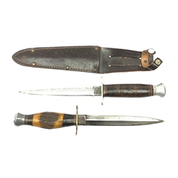 American WW2 type fighting knife with 15cm steel double edged blade, aluminium crosspiece and pommel and leather bound grip, in leather sheath marked Sheffield England L27cm overall; and another similar fighting knife with antler grip and no sheath (2)