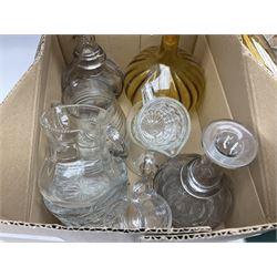 Large quantity of glassware to include art glass, decanters, jugs, vases, glass animals, bowls etc in four boxes