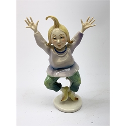 Three 20th century Karl Ens figurines, the first modelled as Uncle Fritz, the second modelled as Bock the Tailor, the third modelled as a sprightly female figure, each with printed blue mark to base, largest H20cm. 