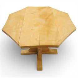 Mouseman - unusual adzed light sycamore wood octagonal dining table of small proportions, the adzed top with chamfered edge, on quadriform base with carved mouse signature, by the workshop of Robert Thompson of Kilburn