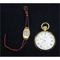 Early 20th century open face gold-plated keyless lever pocket watch by J.W.Benson, London, case by Elgin and a 9ct rose gold ladies wristwatch hallmarked, on leather strap (2)