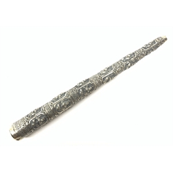 Indian silver parasol handle c1900 of tapered form having high relief decoration L33cm 