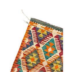 Chobi Kilim multi-coloured geometric design runner (154cm x 61cm); and a similar small mat (45cm x 51cm)