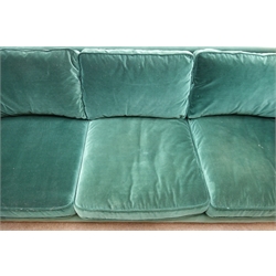  Barker and Stonehouse three seat sofa, upholstered in an emerald velvet, turned tapering supports (W205cm) and matching armchair (W74cm)  