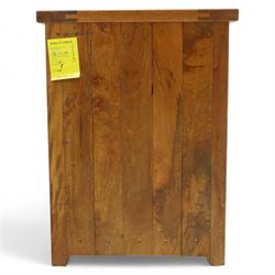 Two hardwood bedside chests,  of rectangular form, fitted with three drawers with recessed brass handles, panelled sides, and flush top, W55xD40xH68cm & W45D45xH68cm 