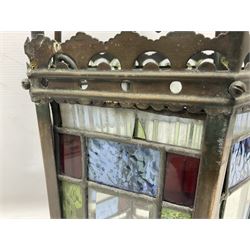 Victorian brass and stained leaded glass hall lantern, of hexagonal form, supported by four domed arms and pierced fret, H46cm W20cm