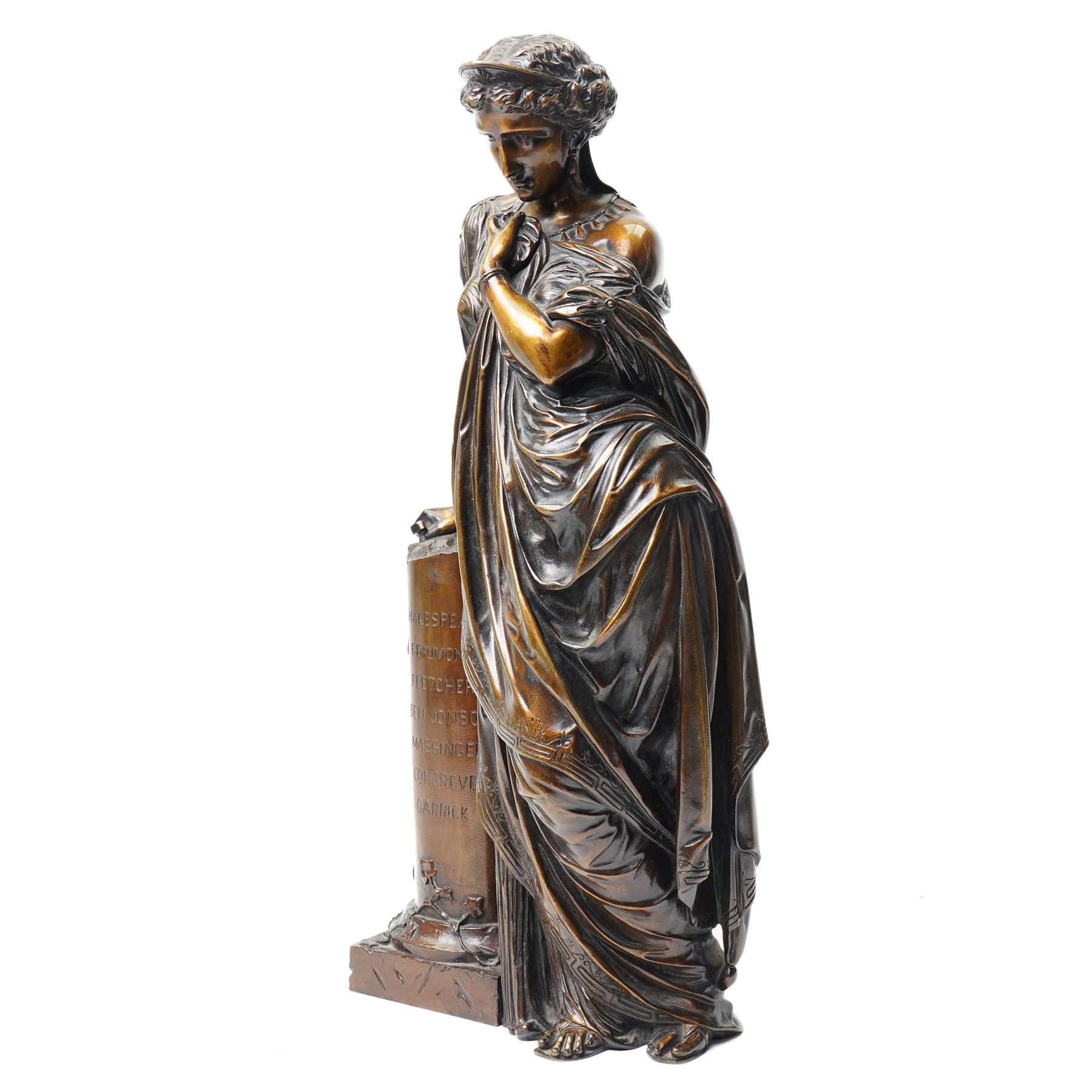 After the Antique - a pair of important 19th-century patinated bronze allegorical figures representing Calliope and Melpomene, the Muses of Epic Poetry and Tragic Drama, each modelled as a classically draped female figure standing beside a pedestal with climbing ivy, Calliope depicted writing upon a tablet, embodying poetic inspiration; Melpomene shown in contemplative pose and wearing a serpent bracelet, emblematic of wisdom, transformation and the inspired voice of drama, the pedestals inscribed respectively with the names of celebrated English poets and playwrights including Chaucer, Spenser, Milton, Pope, Cowper, Burns, Byron and Scott; the other with Shakespeare, Beaumont, Fletcher, Ben Jonson, Massinger, Congreve and Garrick, on integral square bases, each bearing incised or stamped foundry or model numbers to the underside, H47cm
