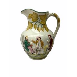 19th century Staffordshire pottery jug, entitled Willie Brewd a Peck o maut, depicting figures in relief, H24cm, a blue and white Victoria Ware Ironstone shaving bowl, L27.5cm, and a 19th century French Sarranguimes tankard with black transfer printed band depicting figures and horses, H17cm
