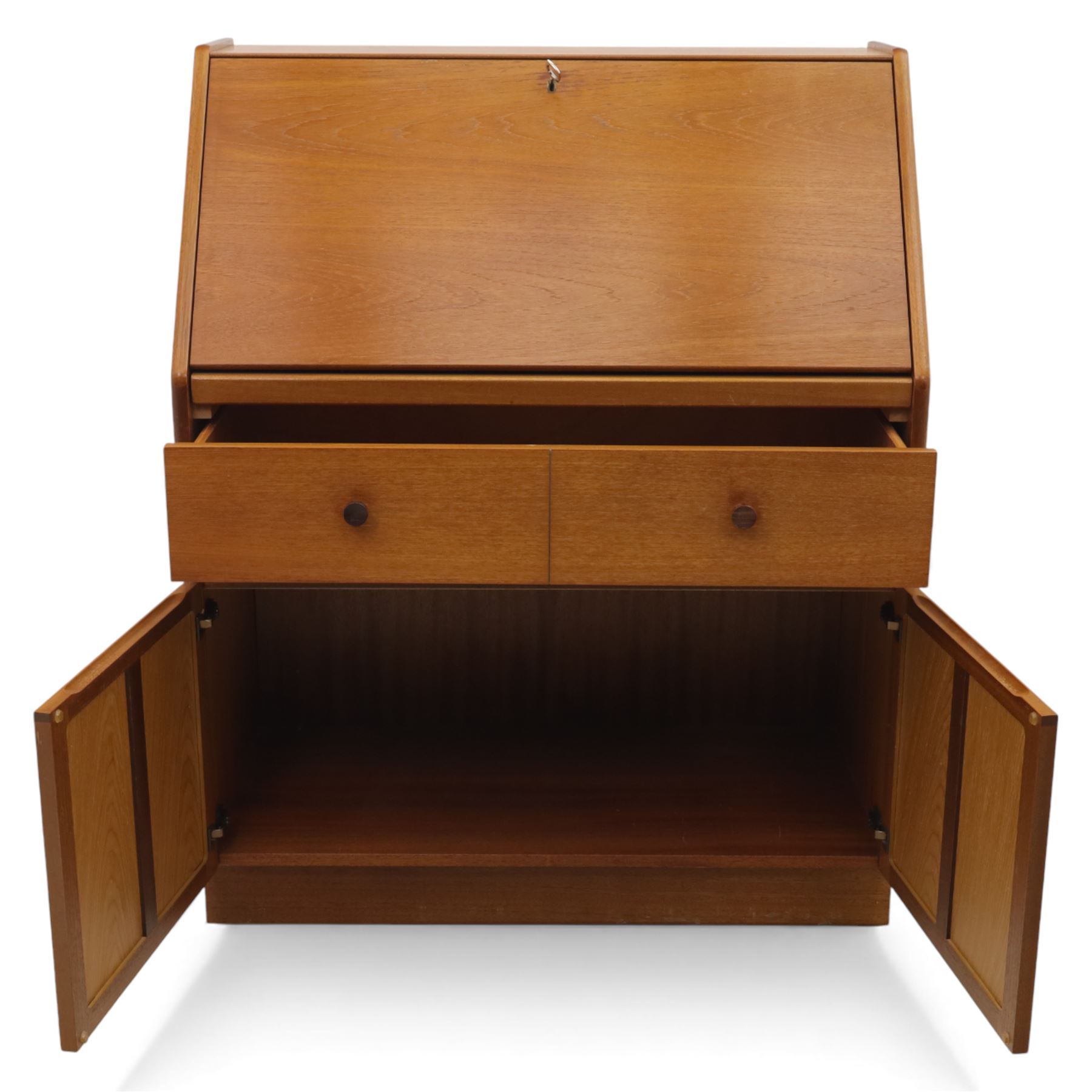 Parker Knoll - teak bureau, sloped fall front enclosing fitted interior, over two short drawers and two panelled cupboard doors