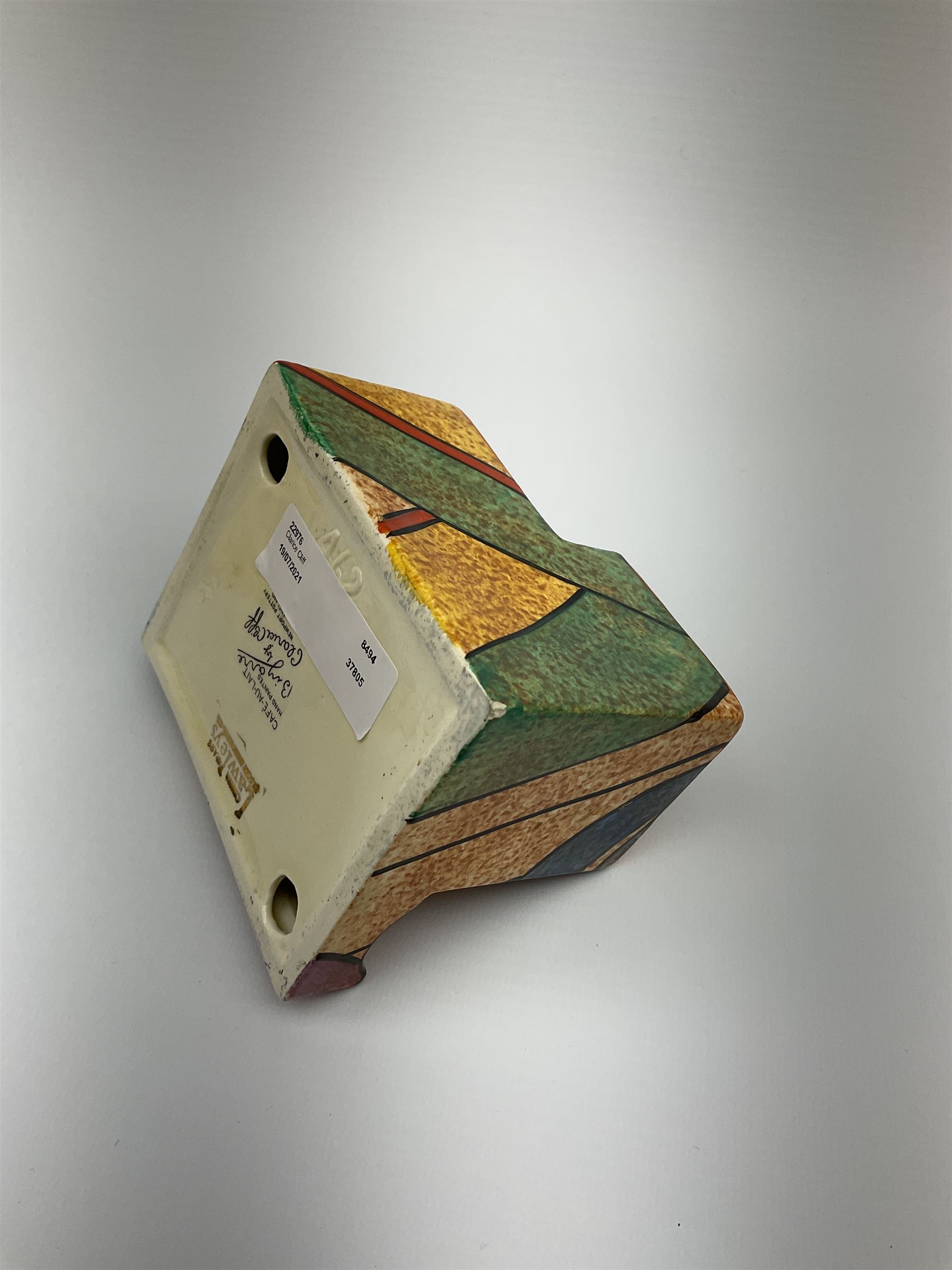 A Clarice Cliff Bizarre Cafe au lait double cube inkwell with pen tray, decorated in the Berries pattern, with printed mark to base, and shape number 462, H7cm W10cm. 