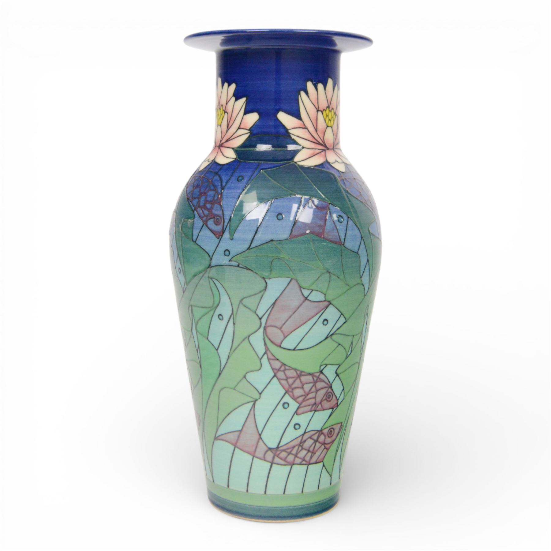 Dennis Chinaworks, Seaweed, sample vase, dated 2004, baluster form with flared rim, decorated with lilies with seaweed and fish upon a blue green ground, painted and stamped marks beneath, H35cm 