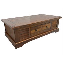 20th century French cherry wood coffee table, rectangular top over singular through drawer