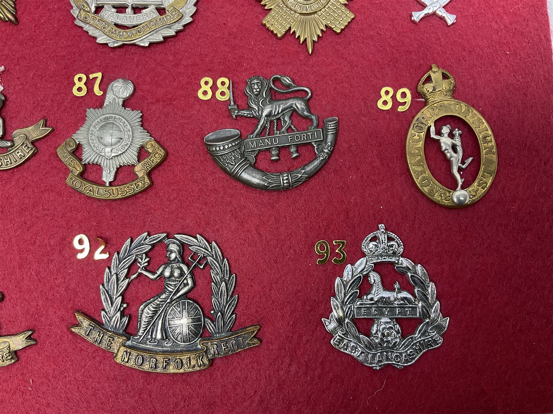 Twenty-two glengarry and cap badges including Argyll & Sutherland, Devonshire, Essex, Hampshire, Royal Berkshire, Northamptonshire, Long Range Desert Group, Royal Corps of Signals, Norfolk, Dorsetshire, East Lancashire etc; mounted on a board for display