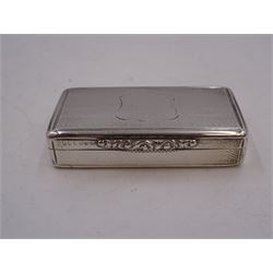 Victorian silver snuff box, of rectangular form with lattice decoration to body and ornate scrolled lip and blank shield shaped cartouche to hinged cover, W5.5cm hallmarked Birmingham 1839, together with an early 20th century silver cigarette case, of rectangular form, with engine turned decoration and personal engraving to gilt interior, W8.5cm, hallmarked W H Haseler Ltd, Birmingham 1928