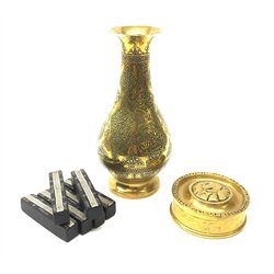 Small brass circular box, the lid with central profile of Nelson with the motto 'England expects ....' around the rim D7cm; bronze Cairoware baluster vase; and set of six ebony knife rests with white metal inlay (8)