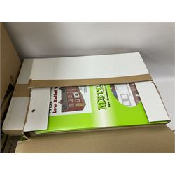 Extensive collection of scratch built buildings for use on ‘00’ gauge model railway layout, small amount of accessories and tools with a quantity of railway magazines and leaflets, in three boxes 