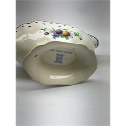 Copeland Spode Polka Dot pattern dinner and tea wares, comprising four dinner plates, seven salad plates, four dessert plates, six twin handled soup bowls and two saucers, six chocolate cups with covers and six saucers, two sauce boats, two tureens and covers, and four graduated serving platters. 