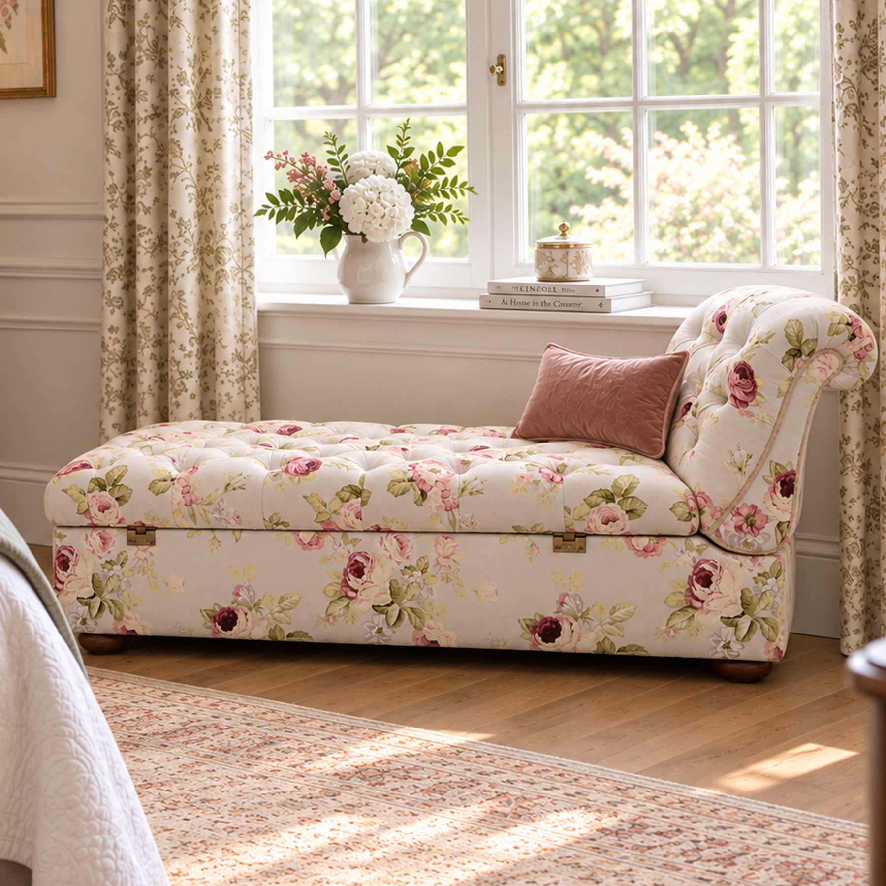 Traditional design scroll end chaise longue Ottoman, floral upholstered buttoned seat hinged to reveal a red lined interior, with reclining scroll end, raised upon squat bun feet