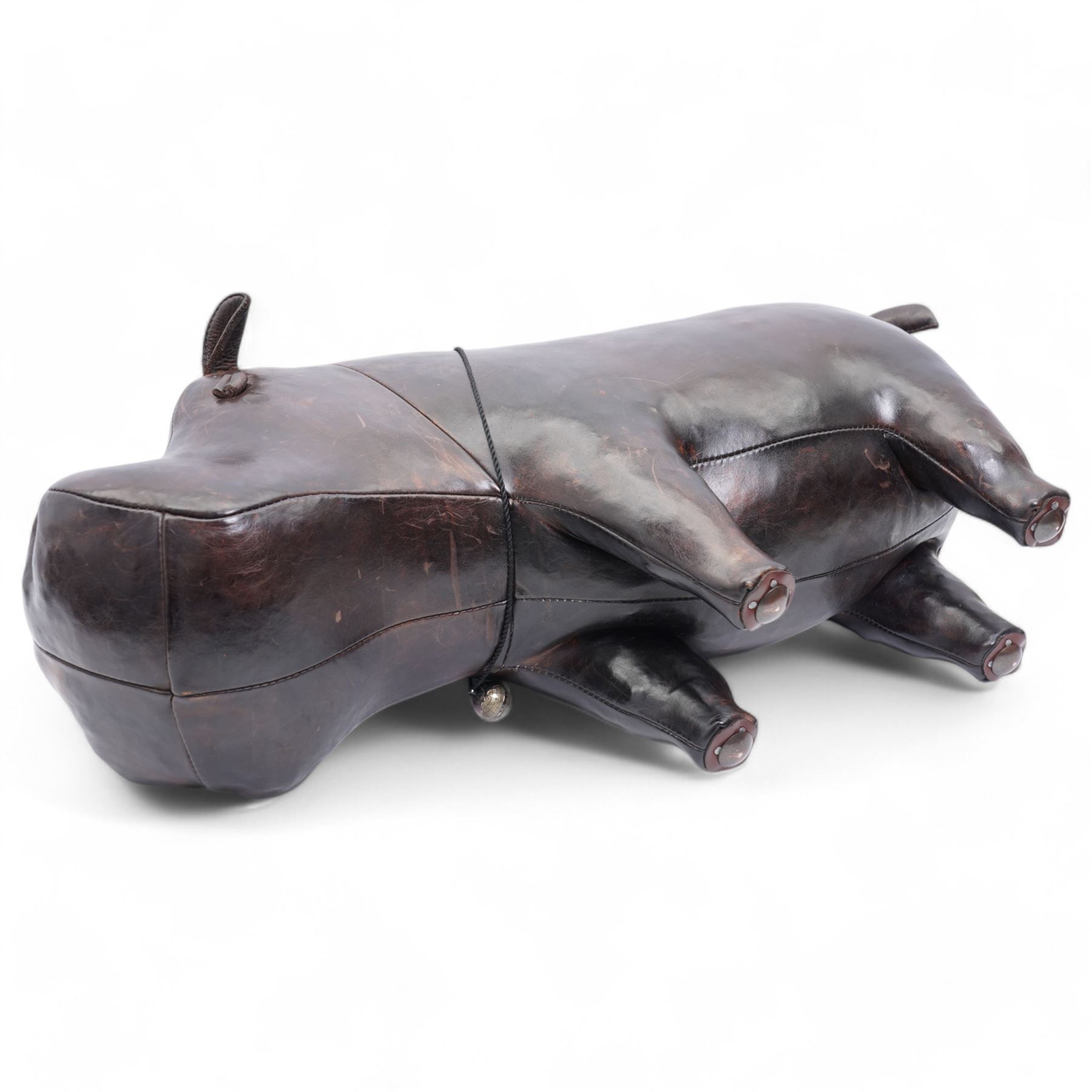 Omersa leather footstool in the form of hippopotamus, with silver 'The World of Thomas Sabo' charm collar, with original retail card tag, W80cm 