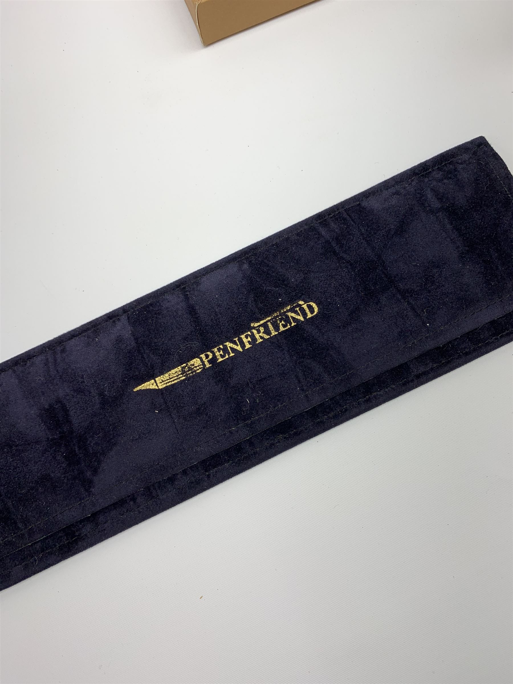 A group of pens, comprising Parker Duofold Centennial pearl and black ballpoint pen, Parker Frontier ballpoint pen, Ronson Penciliter, in original box, Parker Rialto fountain pen, and a further unmarked ballpoint. (5). 