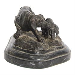 After Antoine Lois Barye, bronze figure group depicting hunting dog and pup, upon a black marble base, H10cm, W22cm