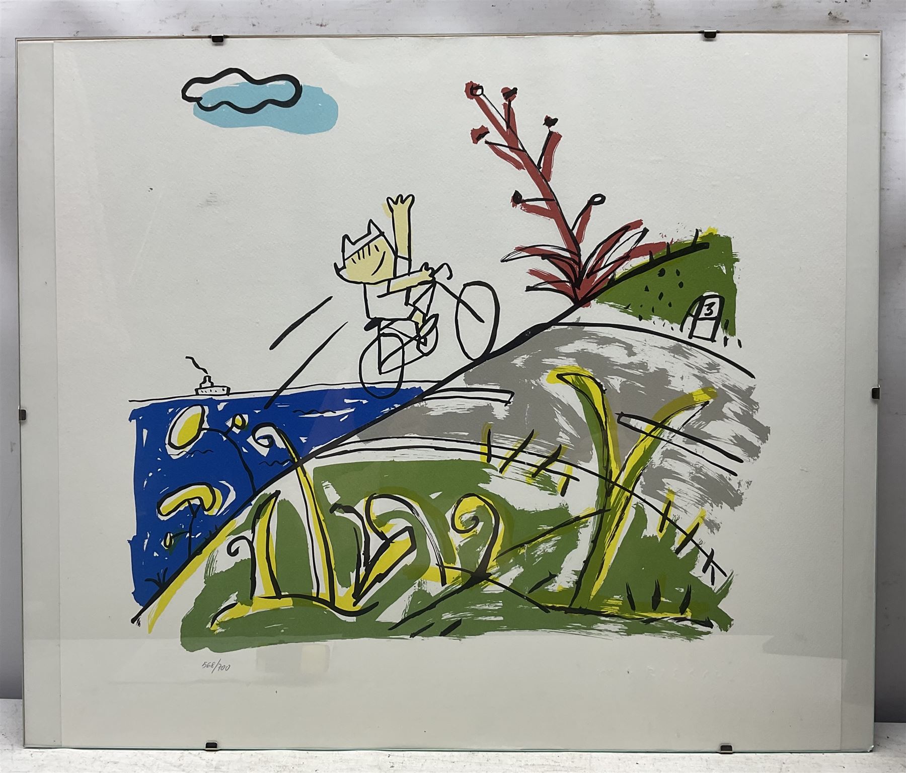 Javier Mariscal (Spanish 1950-): Cobi in Barcelona, set of three limited edition serigraphs embossed with signature and numbered 568, 500 and 581/700 in pencil max 50cm x 60cm 
Notes: Commissioned by SEAT in 1989 on the occasion of the Barcelona 1992 Olympic Games.