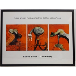  After Francis Bacon (British 1909-1992): 'Three Studies for Figures at the Base of a Crucifixion', original lithograph exhibition poster, Tate Gallery pub. 1994, 59cm x 68cm, 'Piranesi', exhibition poster both framed and 'Tarot' lithograph signed & numbered 53/80 by Hans Droflinger unframed (3)  h  