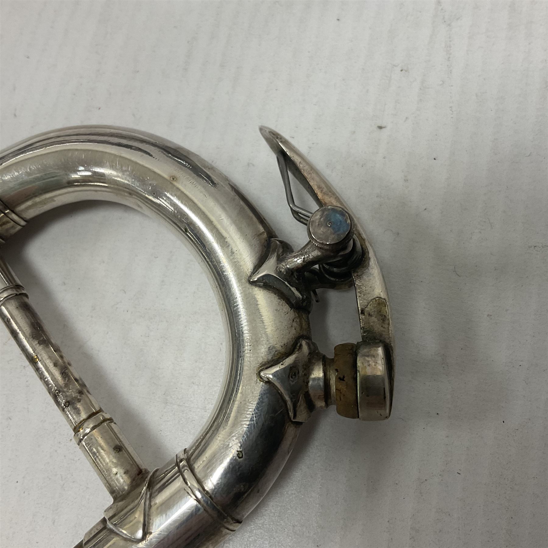 Victorian Class A silver plated trumpet retailed by Kitchen & Co,29 Queen Victoria Street Leeds, 1897 with mouthpiece/slide and in its original felt lined box
