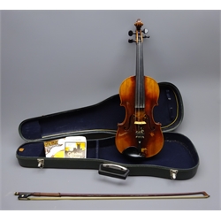  Early 20th century Czechoslovakian 'Ole Bull' violin with 36cm two-piece maple back and ribs and spruce top, stamped Ole Bull on back and inside, L59cm overall, in carrying case with bow  