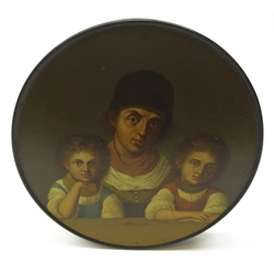  Early 19th century German lacquered papier-mache snuff box by Stobwasser, titled 'Das Zwillingaspaar nach Grimm' and signed 'Stobwasser Fabrik' numbered 7757, D9.5cm   