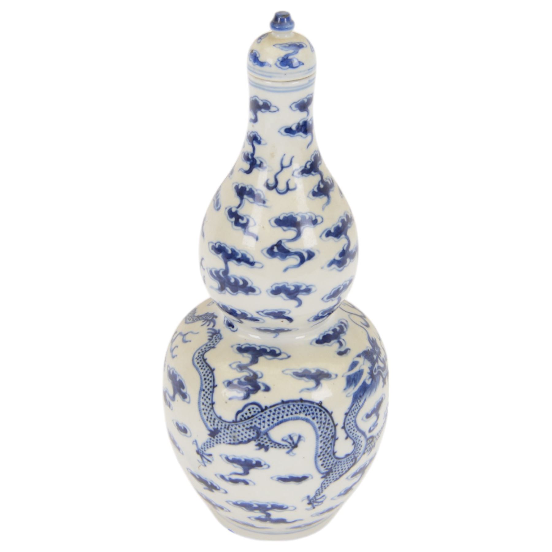 Chinese Kangxi style double-gourd form vase, the blue and white vase surmounted by a domed cover, decorated with dragons chasing a flaming pearl, four-character mark to beneath, H31cm