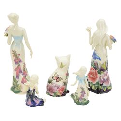 Five Old Tupton Ware figures, comprising two female figures with floral dresses, young girl, fairy and cat, all boxed, tallest H32cm