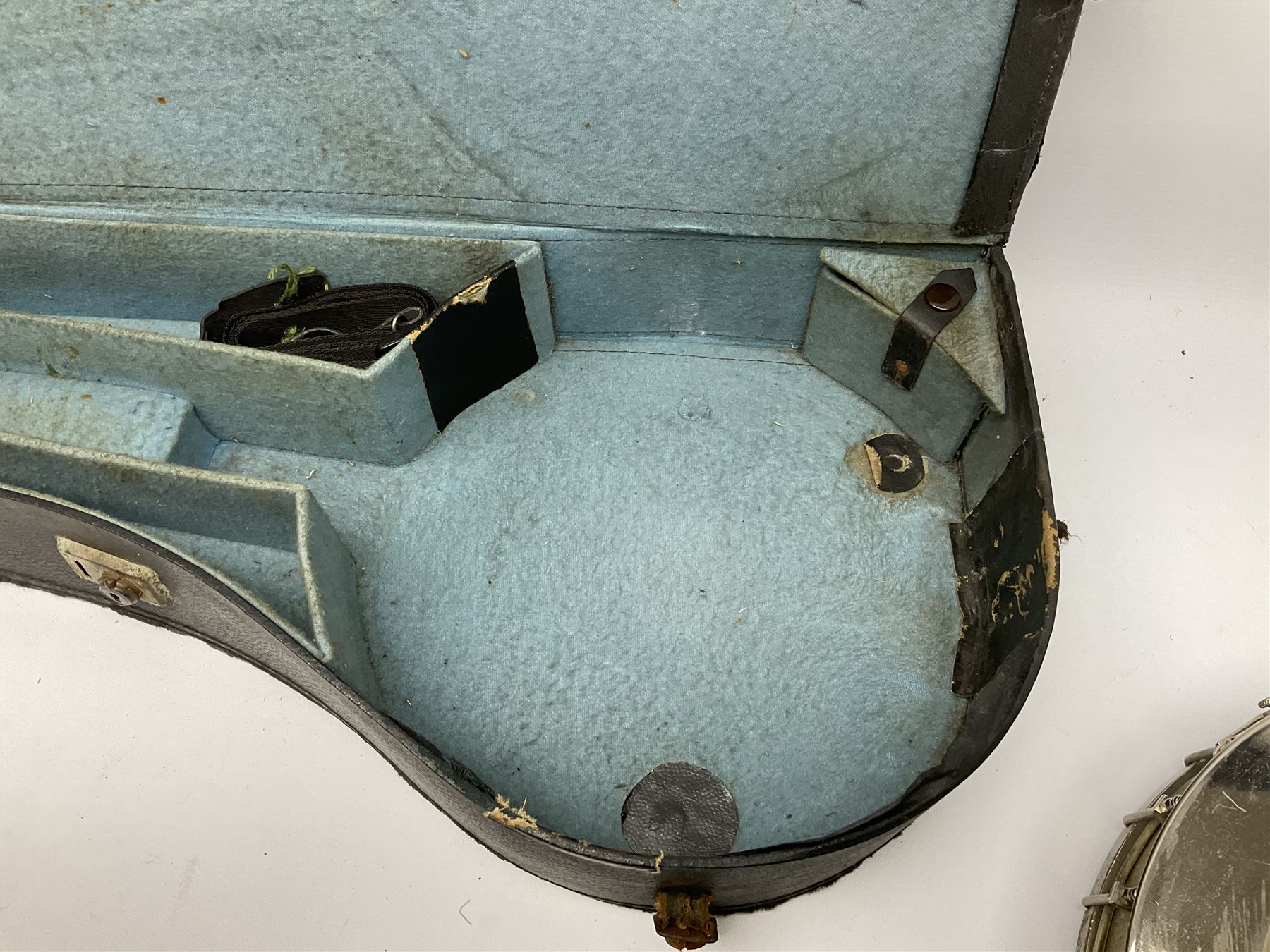 Five-string banjo by Clifford Essex Co. 15A Grafton Street, Bond Street, London W, with mother-of-pearl inlaid ebony fingerboard L92cm; in carrying case with strap
