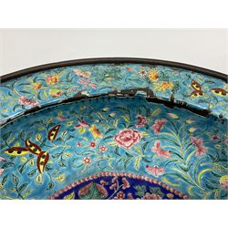 18th/19th century Chinese Canton enamel basin, the circular basin with flat everted rim, decorated with scrolling foliate and fruit decoration on a blue ground, D43cm