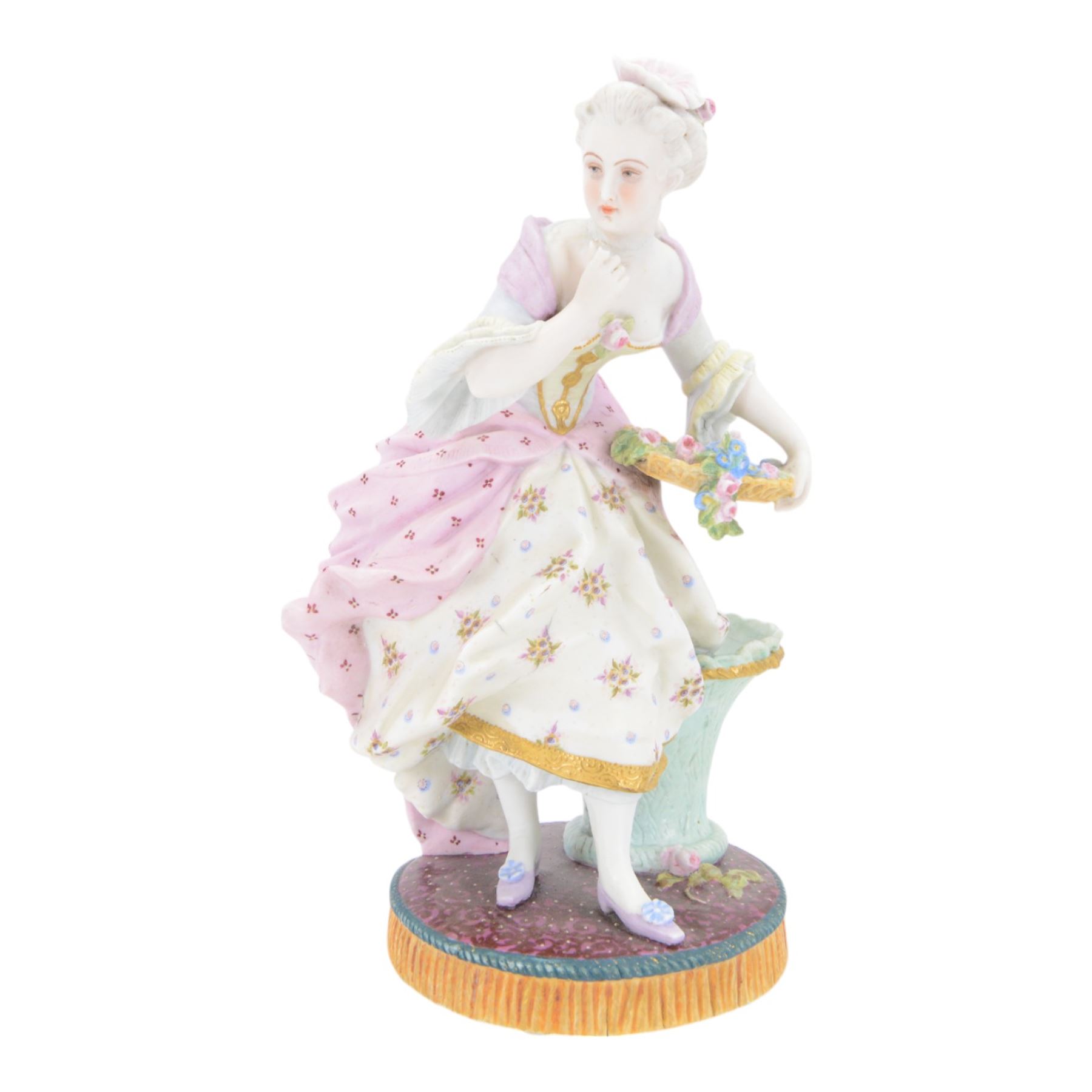 Pair of late 19th century French Letu & Mauger bisque figures, modelled as a gallant and his companion, with impressed marks beneath, H35.5cm, together with a 19th century French mantle vase, in the manner of Jacob Petit, the vase of cornucopia form painted with rose sprays and heightened with gilt, mounted with the figure of a trumpet player, upon a naturalistically modelled base mounted with a recumbent goat, H35cm