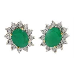 Pair of 9ct gold oval emerald and diamond cluster stud earring, stamped 375