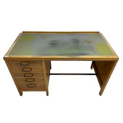 Mid-20th centre oak desk, fitted with single five drawer pedestal, inset writing surface