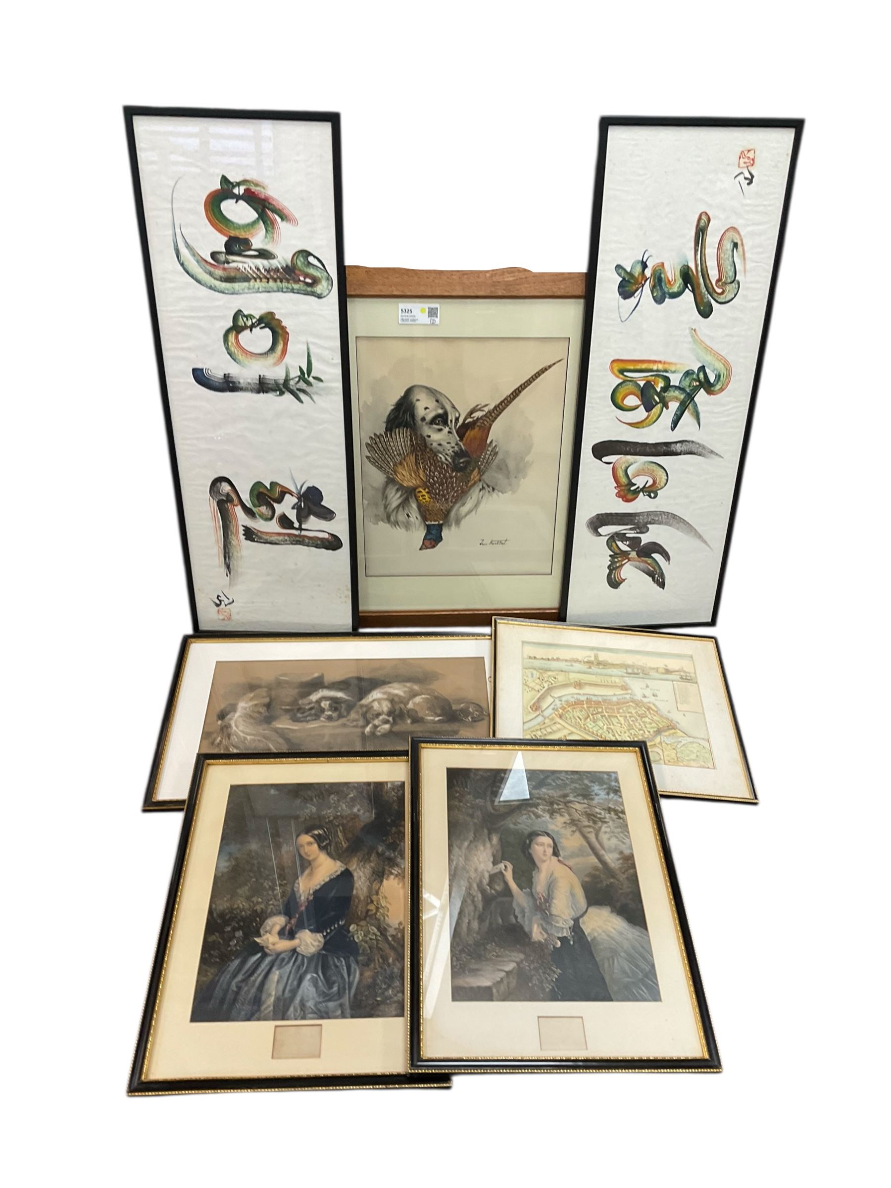 Watercolour of a spaniel with pheasant, indistinctly signed, map of Hull, three engravings, two calligraphy works, watercolour 43cm x 34cm (7)