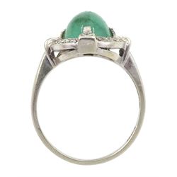 White gold Art Deco style cabochon emerald and diamond ring, stamped 14K