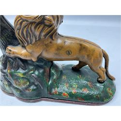 Late 19th century cast-iron mechanical money bank 'Lion and Two Monkeys' by Kyser & Rex with impressed patent mark for 17th July 1883 H25cm L23.5cm