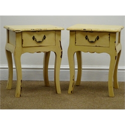  Pair small French style distressed painted wood stands, shaped top and single drawer, W35cm, H45cm, D30cm  