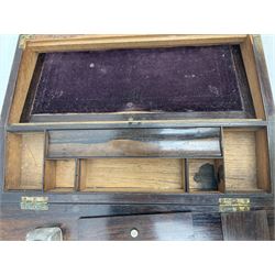 Victorian rosewood and mother of pearl inlaid writing box, the hinged sloping front inlaid with foliate decoration lifting to reveal fitted interior with purple velvet lined writing slope, with two glass inkwells, W36cm H10cm D25cm