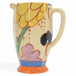 Clarice Cliff Summerhouse pattern, Athens shape jug, circa 1930, with printed Fantasque mark beneath, H16cm