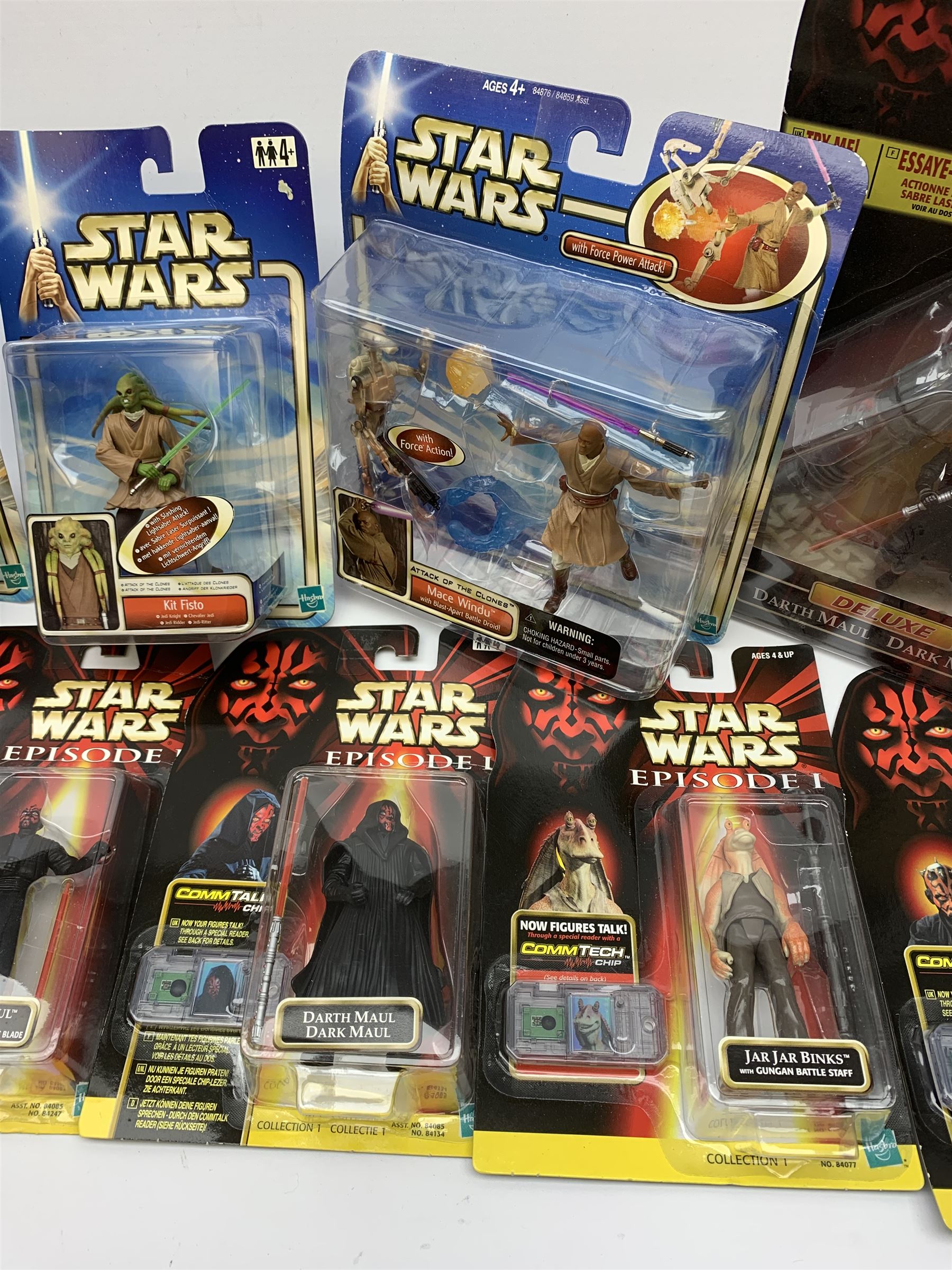 Star Wars - Episode 1 eleven Hasbro action figures, ten with CommTech chip, including two x Obi-Wan Kenobi, Battle Droid, Anakin Skywalker, four x Darth Maul (one Deluxe), Jar Jar Binks and two x Qui-Gon Jinn; together with five Attack of the Clones figures including Obi-Wan Kenobi, Count Dooku, Kit Fisto, Jango Fett and Mace Windu; and an Empire Strikes Back figure of Darth Vader; all in unopened blister packs (17)