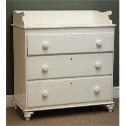  White painted pine chest with raised washstand back, three drawers, turned feet, W87cm, H93cm, D48cm  