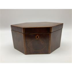 George III mahogany and boxwood strung tea caddy, of lozenge form, the hinged cover opening to a twin compartmented interior, the covers with ivory knops lifting to reveal remnants of zinc lining, H13.5cm L26cm