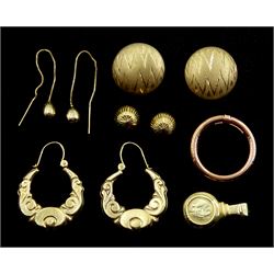 Pair of gold hoop earrings, three other pairs of gold stud earrings, gold pendant set with coin, all 9ct and a 14ct rose gold hoop, all tested or hallmarked