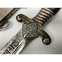 WW2 German RAD (Reichsarbeitdienst) Leader's hewer dagger,  the 25.5cm fullered steel blade engraved Arbeit Adelt (Work Enables) with Eickhorn squirrel maker's mark; scrolling cross-piece, mahogany grip and eagle pommel; in decorative plated scabbard L40cm overall.