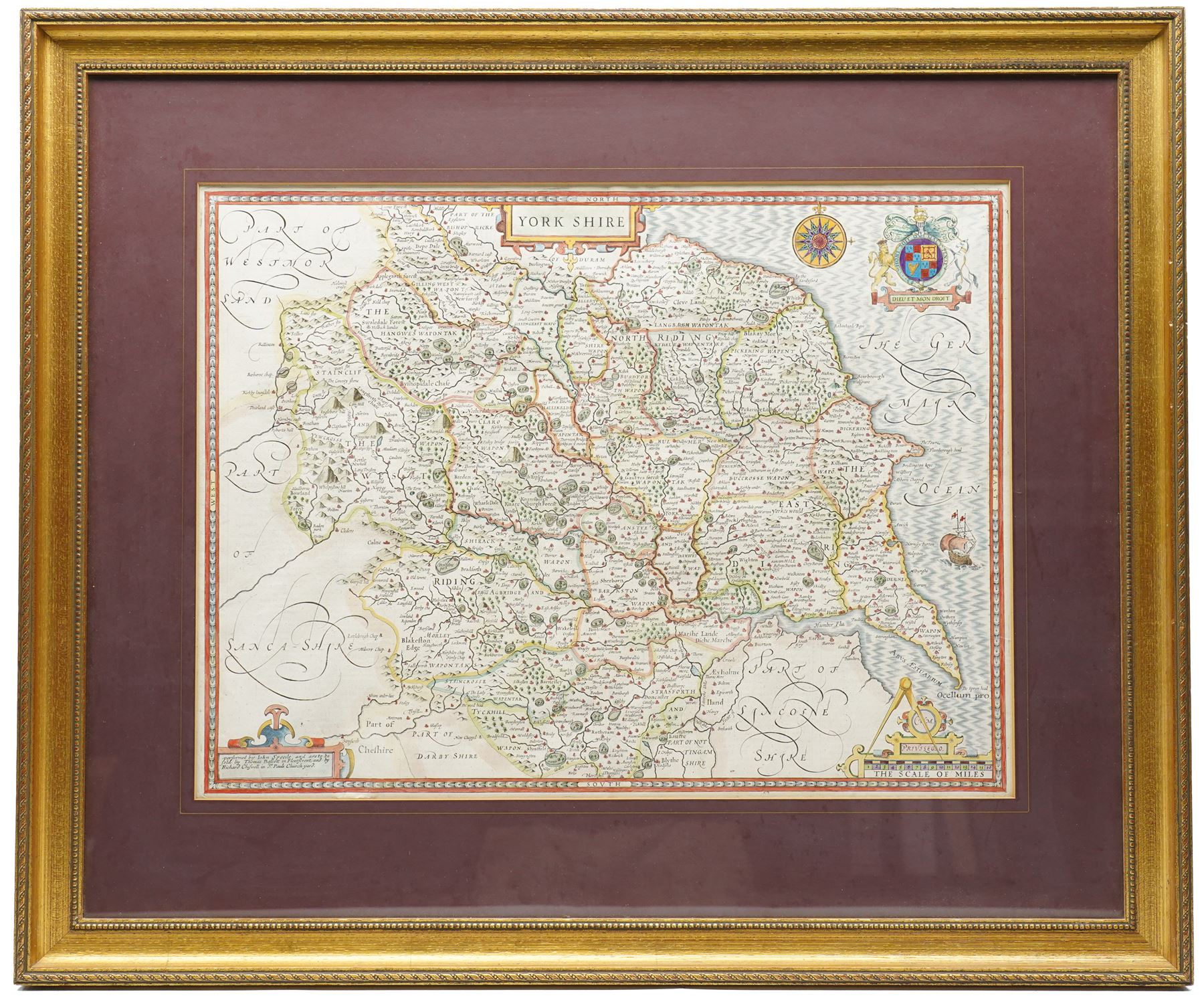 John Speed (British 1552-1629): 'Yorkshire', 17th century engraved map with hand-colouring, English text verso, pub. by Thomas Bassett and Richard Chiswell c.1676, 39cm x 52cm